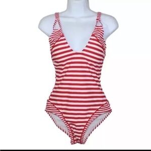 Womens' Double Strap One Piece Swimsuit - Kona Sol Red & White Stripe Size L NWT